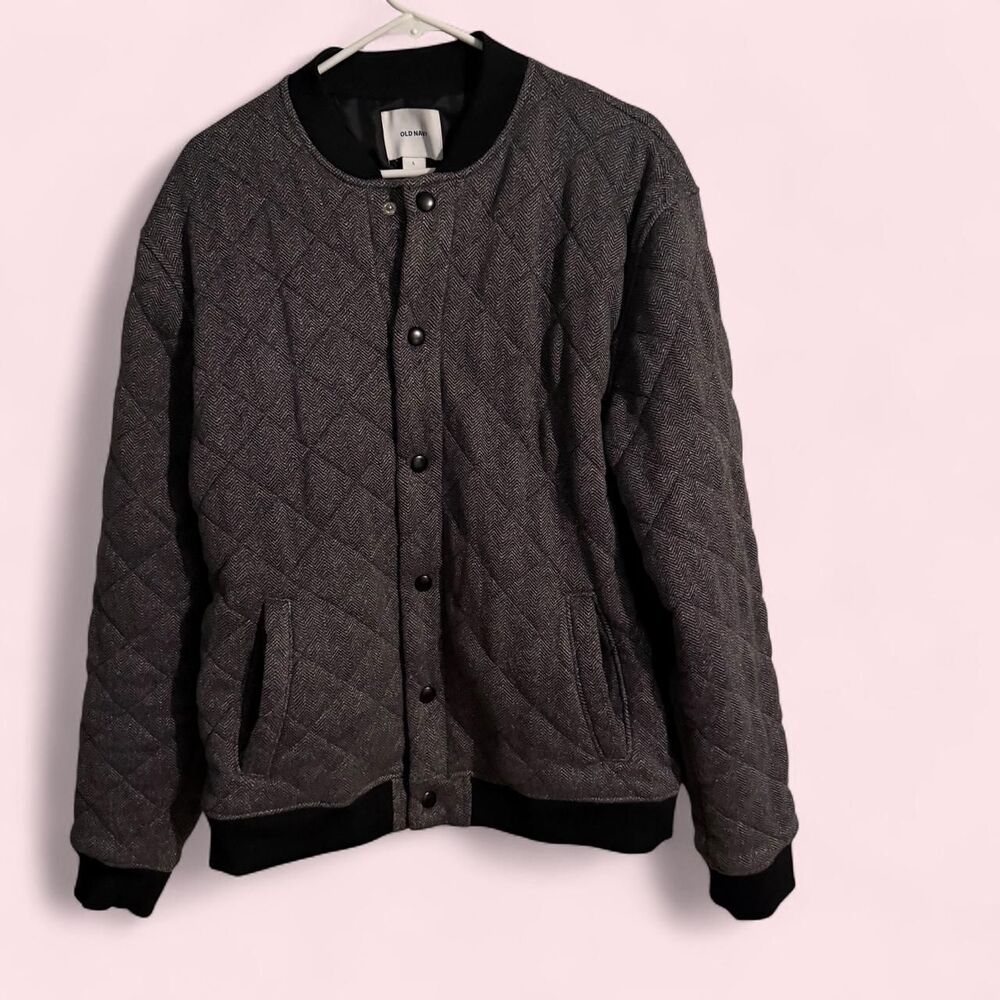Old Navy jacket women L grey quilted sweater fleece herringbone bomber
